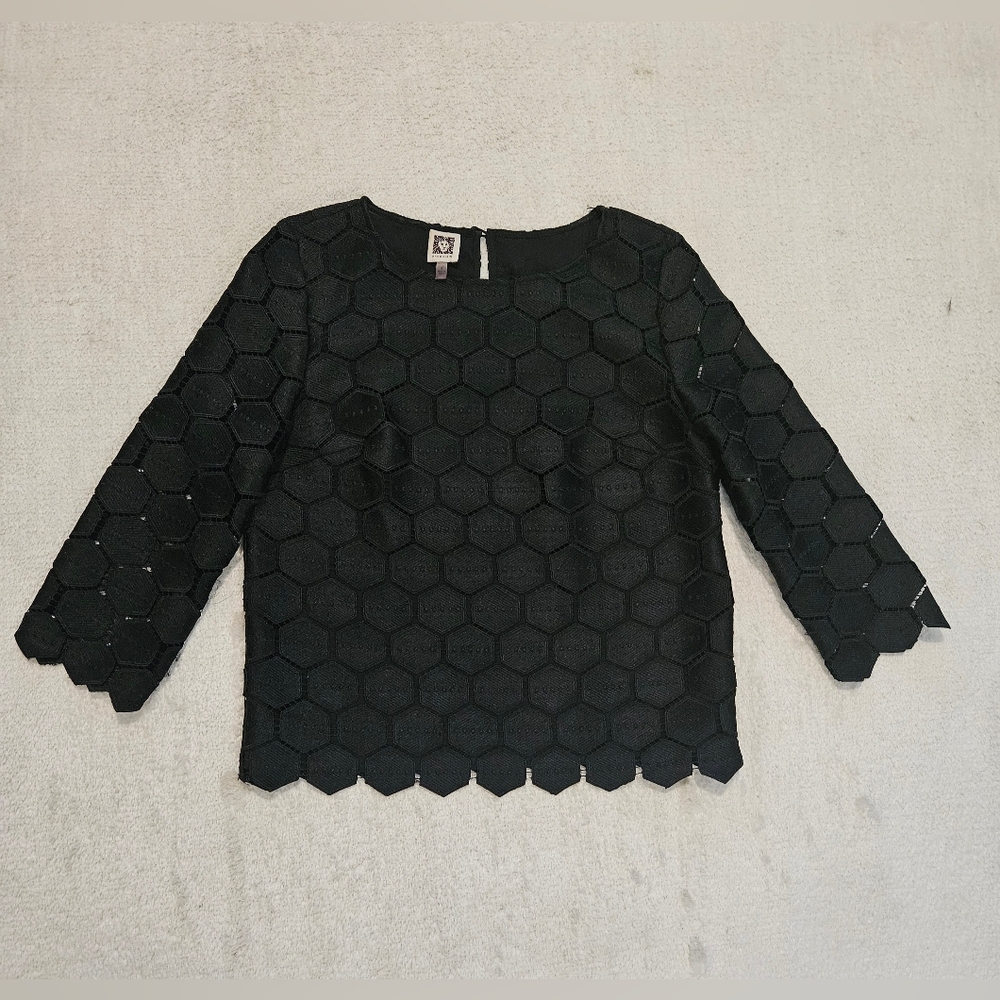 Anne Klein Black Hexagon Lace Long Sleeve Blouse Minimalist Business Casual Work - Picture 2 of 8